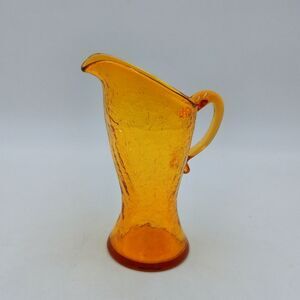 Crackle Glass Mini Pitcher Creamer Hand Blown 6 Inch Amber Applied Handle